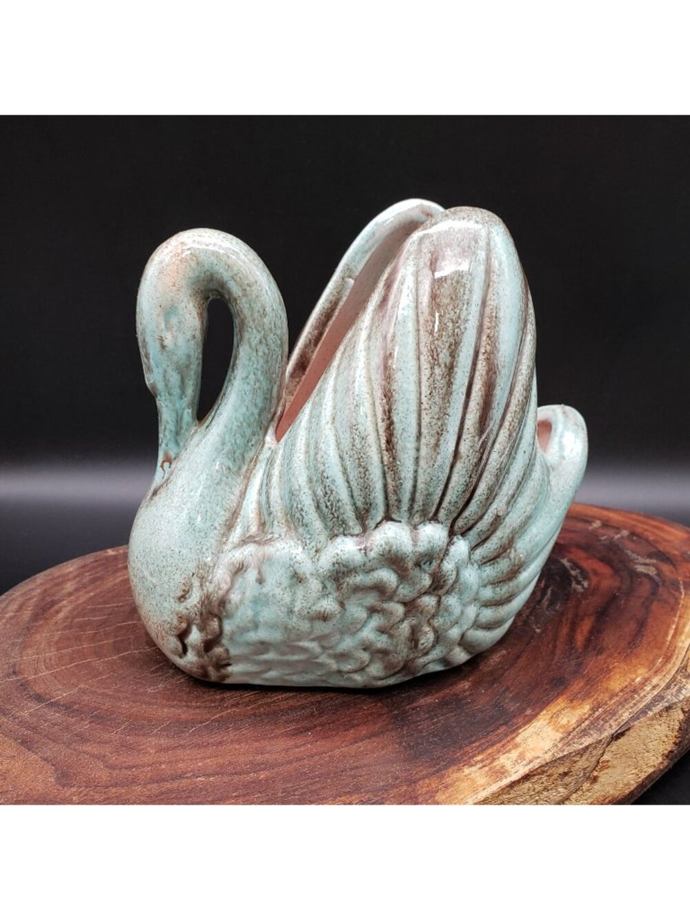 Vintage Gonder Swan Planter E-44 Green Brown Drip Glaze USA Pottery